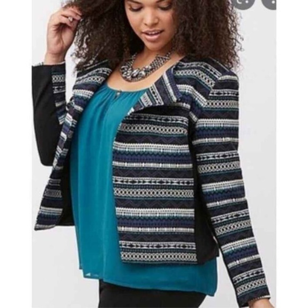 LANE BRYANT Black & Teal‎ Geometric Aztec Stripe Long Sleeve Blazer Jacket-NWT